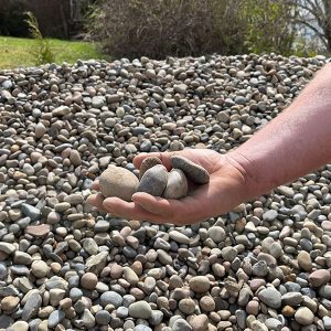 Picture shows a pile of 1" - 2" Landscaping New England River Rock with a handful of stones in someone's hand at Elkin Lawn and Garden. This river rock has stolen the show with its colorful design of prominent red, grey, and brown. You may even find an occasion pink or black stone in the bunch. Its offers smooth rounded edges and has a far greater aesthetic appeal. It blends in nicely with fieldstone boulders and flagstone steppers along with patios, bringing a welcome dimension to a purposeful transition between outdoor living areas and garden areas.