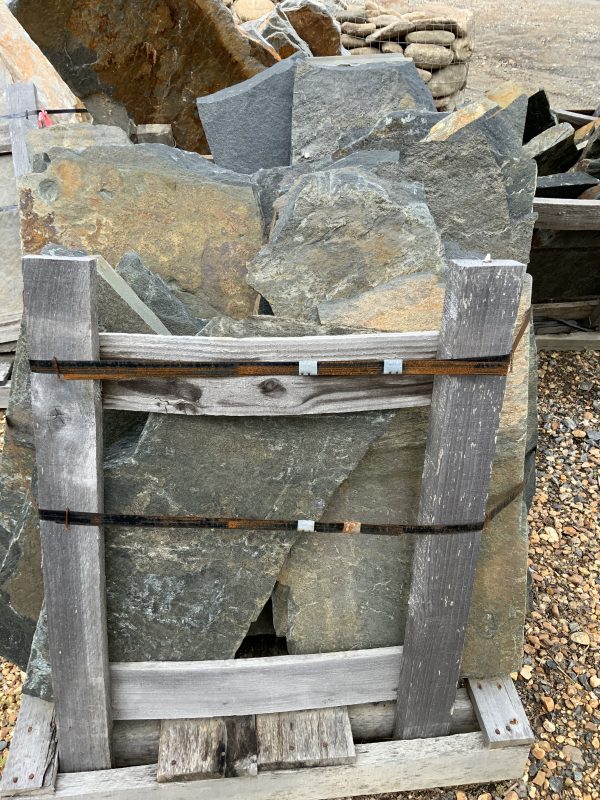 IRREGULAR FLAGSTONE - MIDNIGHT BLUE Standup Flagging 1 1/2″ to 2 1/2″ thickness 3 to 9 sq ft per piece 1,900 to 2,100 lbs per pallet Coverage – 70 to 85 sq ft per ton *Available for pick up and we will load on your truck or tailer.  For delivery options and pricing please contact our office.