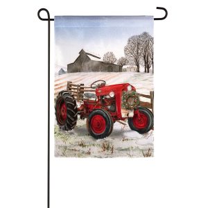 Garden Flag showing a Winter Red Tractor. The flag is Suede.