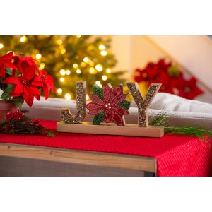 The Wood "JOY" with Beaded Poinsettia Embellishment Table Decor is from the Joyful Noel Collection.  It is sparkles of multiple holiday colors and will complement any holiday decor. 